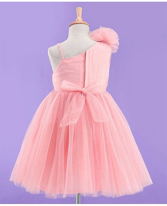 Babyhug Sleeveless Corsage & Pearl Detailing Mesh Party Frock - Peach