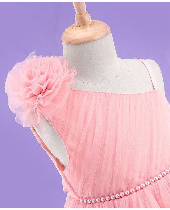 Babyhug Sleeveless Corsage & Pearl Detailing Mesh Party Frock - Peach