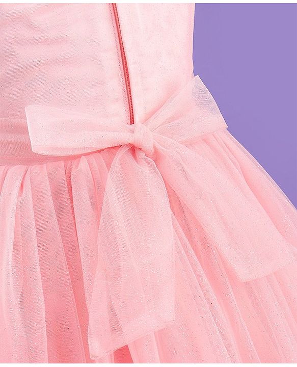 Babyhug Sleeveless Corsage & Pearl Detailing Mesh Party Frock - Peach
