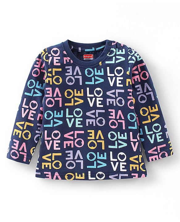 Babyhug Cotton Knit Full Sleeves Night Suit with Text Print - Navy Blue