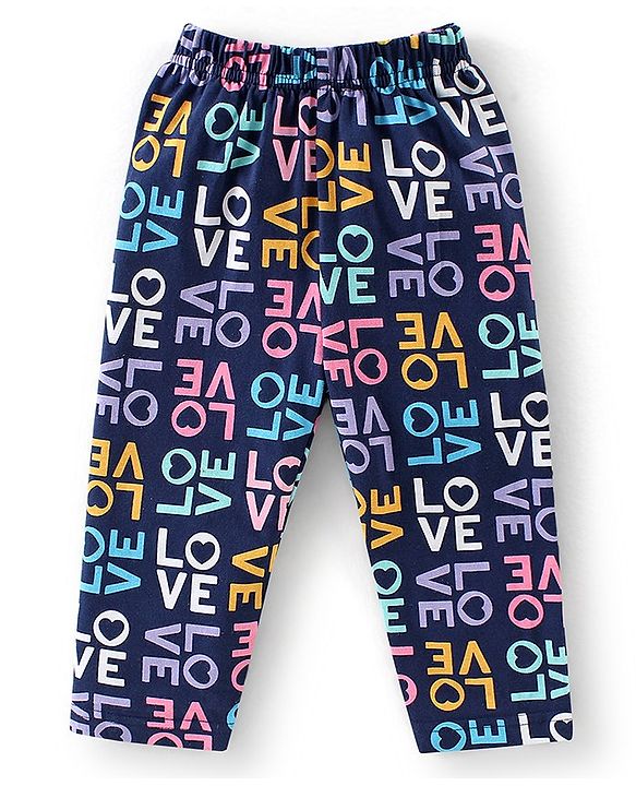 Babyhug Cotton Knit Full Sleeves Night Suit with Text Print - Navy Blue