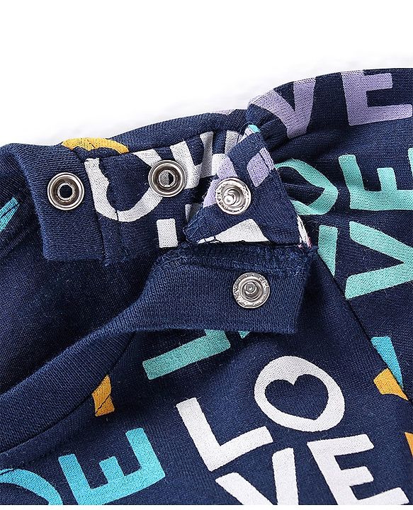 Babyhug Cotton Knit Full Sleeves Night Suit with Text Print - Navy Blue