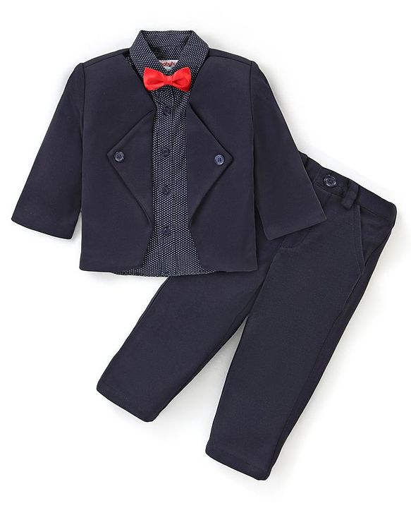 Babyhug Full Sleeves  Party Suit with Stretch & Bow Polka Dots Print - Navy Blue