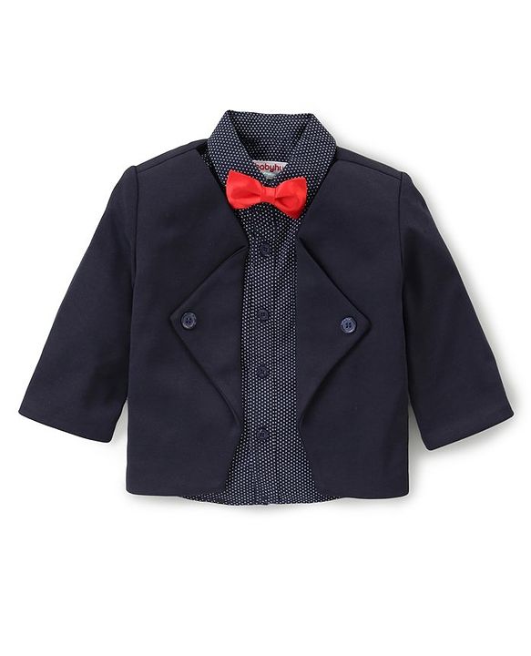 Babyhug Full Sleeves  Party Suit with Stretch & Bow Polka Dots Print - Navy Blue