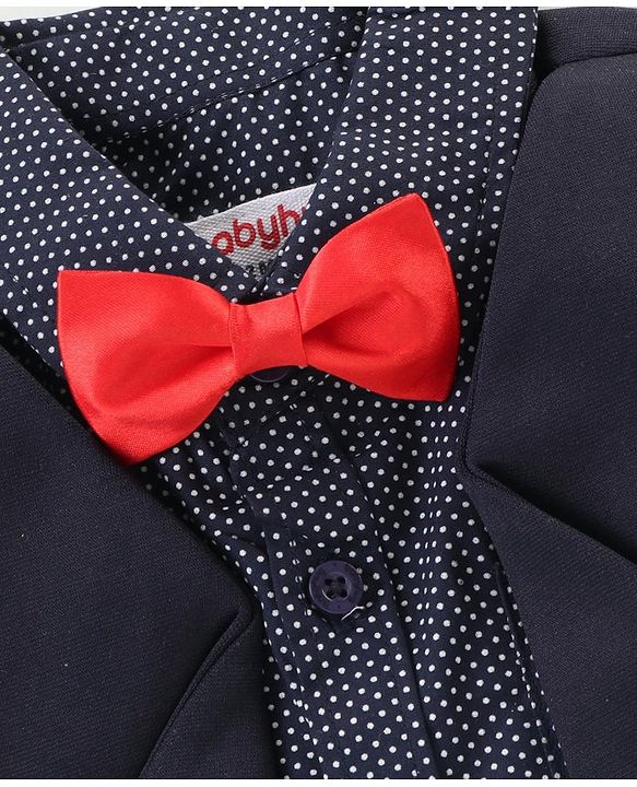 Babyhug Full Sleeves  Party Suit with Stretch & Bow Polka Dots Print - Navy Blue