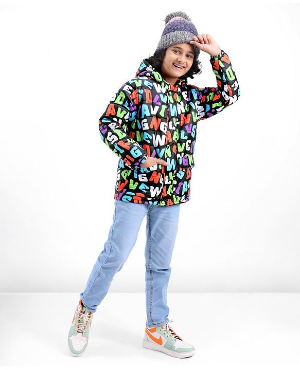 Pine Kids Woven Full Sleeves Text Printed Medium Winter Hooded Jacket - Multicolor