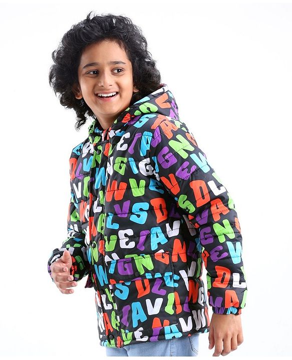 Pine Kids Woven Full Sleeves Text Printed Medium Winter Hooded Jacket - Multicolor