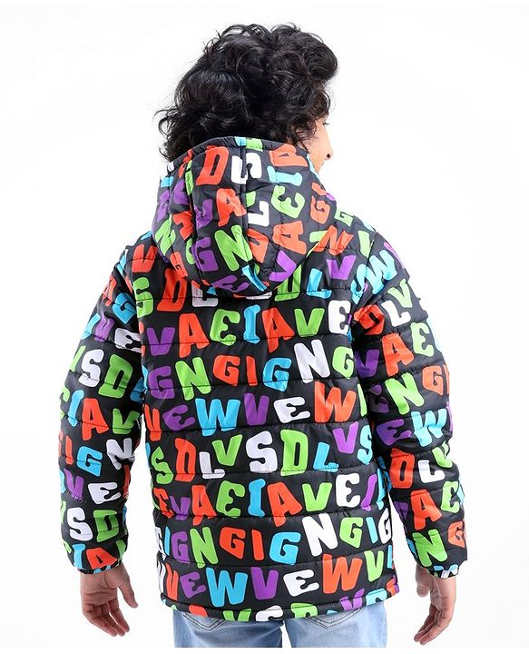Pine Kids Woven Full Sleeves Text Printed Medium Winter Hooded Jacket - Multicolor