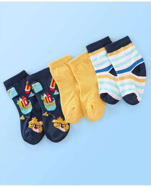 Cute Walk By Babyhug Anti Bacterial Ankle Length Socks Striped Pack Of 3 - Multicolour
