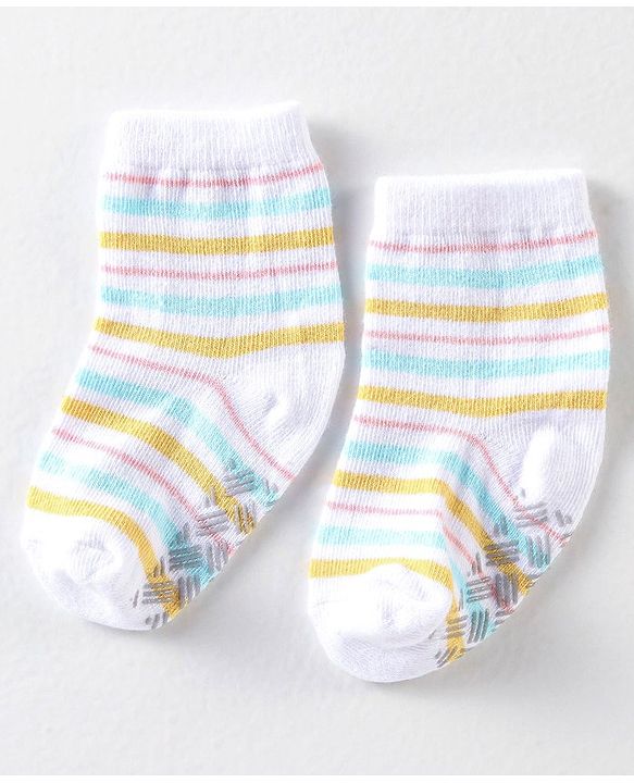 Cute Walk By Babyhug Anti Bacterial Anti Skid Ankle Length Socks Striped Print Pack Of 3 - Yellow Blue & White