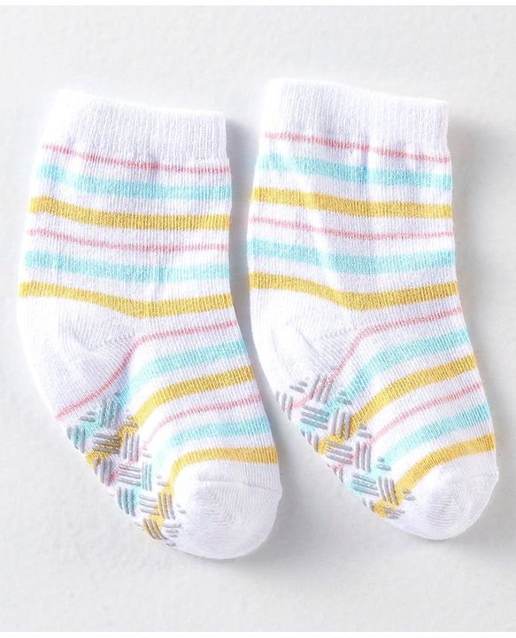 Cute Walk By Babyhug Anti Bacterial Anti Skid Ankle Length Socks Striped Print Pack Of 3 - Yellow Blue & White