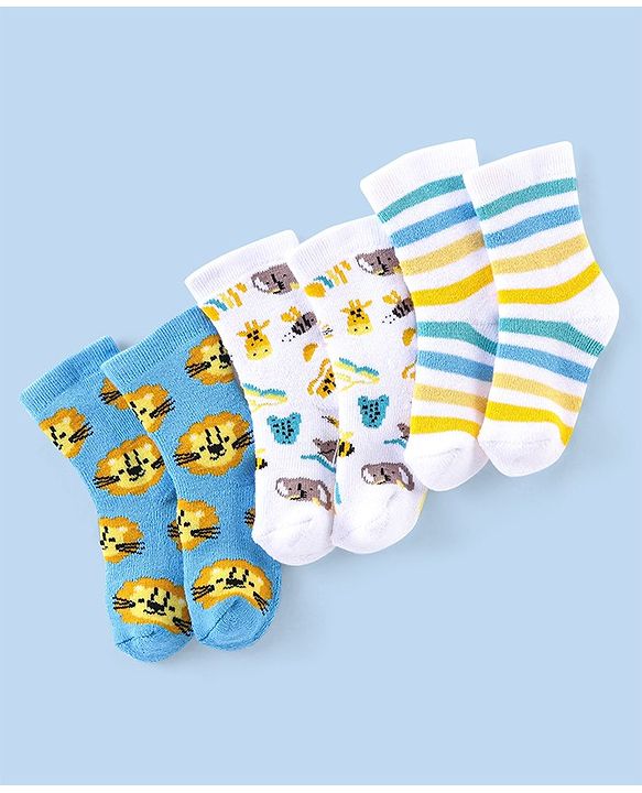 Cutewalk By Babyhug Cotton Anti Bacterial Ankle Length Socks Stripes & Tiger Design Pack Of 3- Blue White & Yellow
