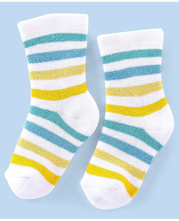 Cutewalk By Babyhug Cotton Anti Bacterial Ankle Length Socks Stripes & Tiger Design Pack Of 3- Blue White & Yellow