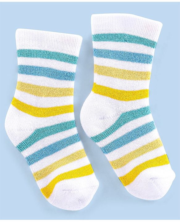 Cutewalk By Babyhug Cotton Anti Bacterial Ankle Length Socks Stripes & Tiger Design Pack Of 3- Blue White & Yellow