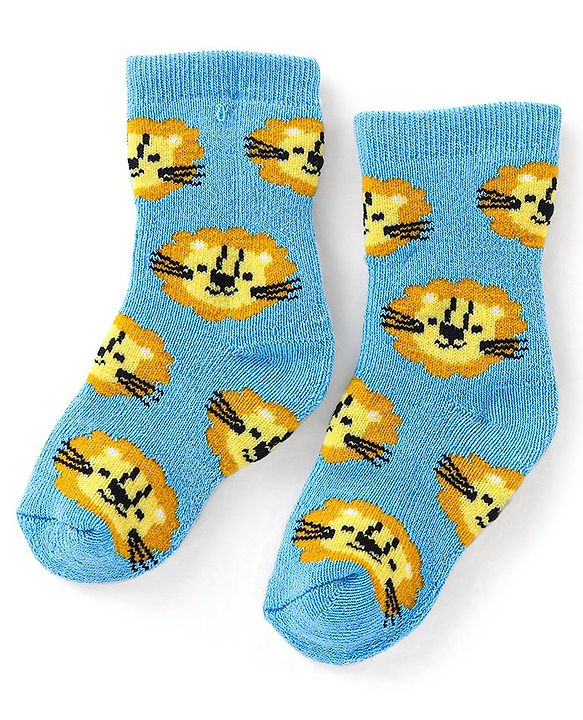 Cutewalk By Babyhug Cotton Anti Bacterial Ankle Length Socks Stripes & Tiger Design Pack Of 3- Blue White & Yellow