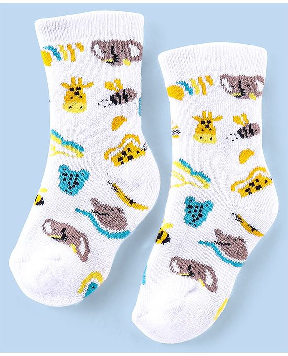 Cutewalk By Babyhug Cotton Anti Bacterial Ankle Length Socks Stripes & Tiger Design Pack Of 3- Blue White & Yellow