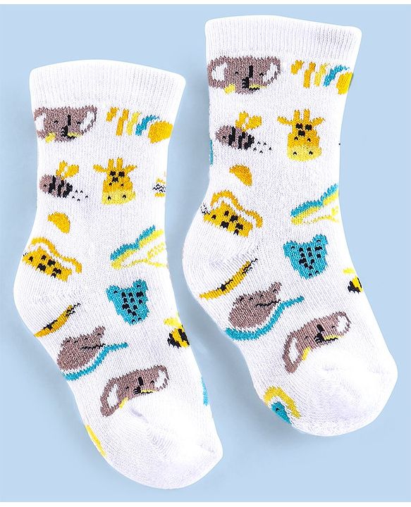 Cutewalk By Babyhug Cotton Anti Bacterial Ankle Length Socks Stripes & Tiger Design Pack Of 3- Blue White & Yellow