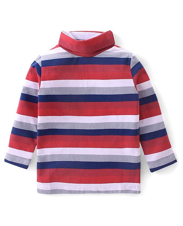 Babyhug Cotton Full Sleeves Turtle Neck T-Shirt With Stripes- Red & Navy Blue