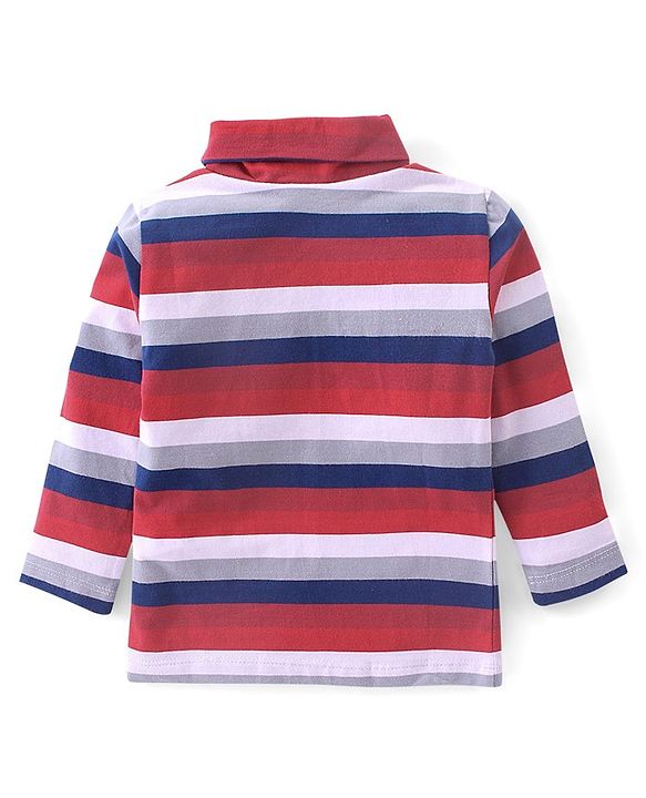 Babyhug Cotton Full Sleeves Turtle Neck T-Shirt With Stripes- Red & Navy Blue