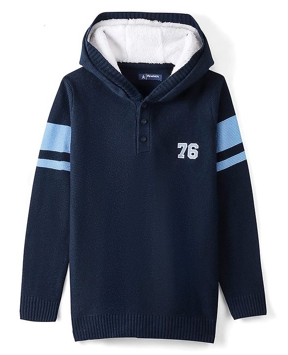 Pine Kids Full Sleeves Hooded Sweater With Embroidery - Navy Blue