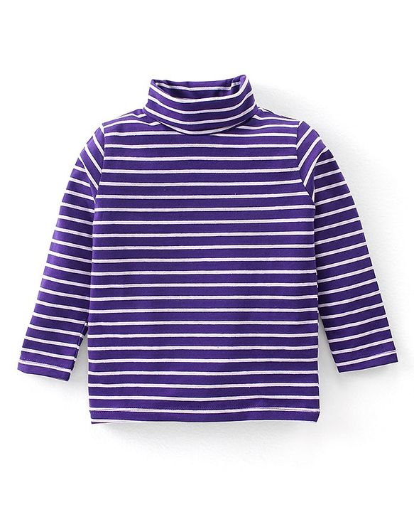 Babyhug Cotton Lycra Full Sleeves Turtle Neck T-Shirt with Stripes - Purple & White