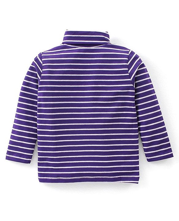 Babyhug Cotton Lycra Full Sleeves Turtle Neck T-Shirt with Stripes - Purple & White