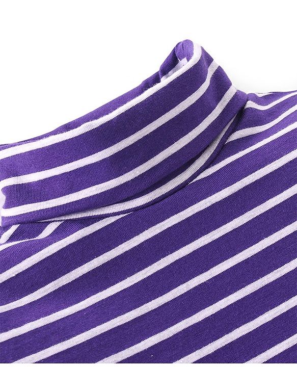 Babyhug Cotton Lycra Full Sleeves Turtle Neck T-Shirt with Stripes - Purple & White