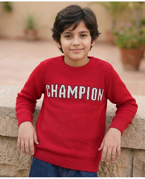 Pine Kids Full Sleeves Sweater With Champion Print - Red