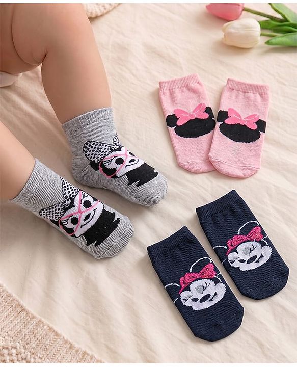Cute Walk Disney by Babyhug Cotton Knit Anti Bacterial Ankle Length Socks Minnie Mouse Design Pack of 3 - Black Pink & Grey
