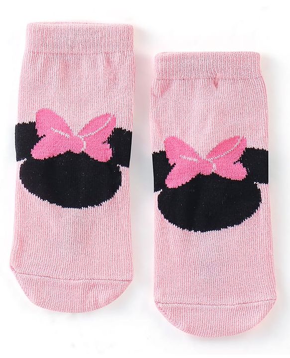 Cute Walk Disney by Babyhug Cotton Knit Anti Bacterial Ankle Length Socks Minnie Mouse Design Pack of 3 - Black Pink & Grey