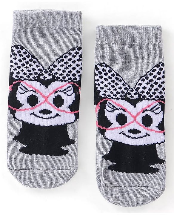 Cute Walk Disney by Babyhug Cotton Knit Anti Bacterial Ankle Length Socks Minnie Mouse Design Pack of 3 - Black Pink & Grey