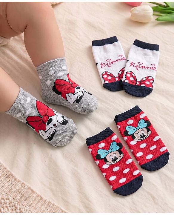 Cute Walk Disney by Babyhug Cotton Knit Anti Bacterial Ankle Length Socks Minnie Mouse Design Pack of 3 - Red White & Grey