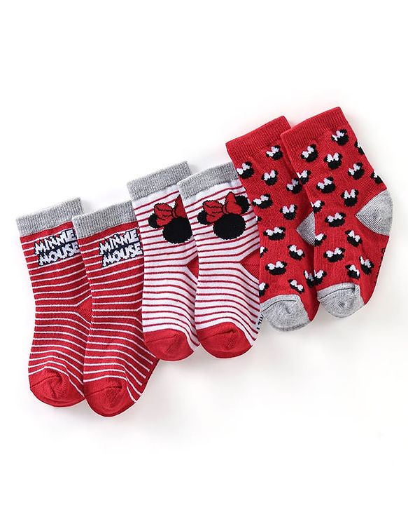 Cute Walk Disney By Babyhug Anti Bacterial Ankle Length Socks Minnie Mouse Design Pack Of 3 - Multicolour