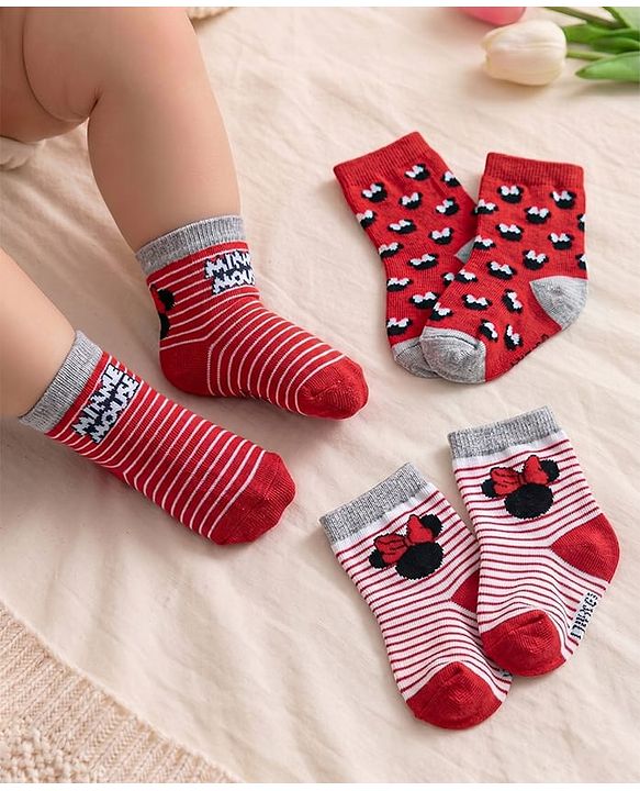 Cute Walk Disney By Babyhug Anti Bacterial Ankle Length Socks Minnie Mouse Design Pack Of 3 - Multicolour