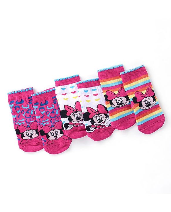 Cute Walk Disney By Babyhug Anti Bacterial Ankle Length Socks Minnie Mouse Design Pack Of 3 - Multicolour
