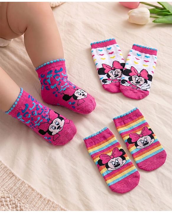 Cute Walk Disney By Babyhug Anti Bacterial Ankle Length Socks Minnie Mouse Design Pack Of 3 - Multicolour