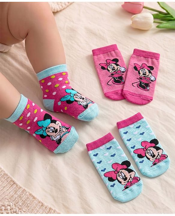 Cute Walk By Babyhug Anti Bacterial Non Terry Ankle Length Minnie Mouse Print Socks Pack Of 3 - Pink & Blue