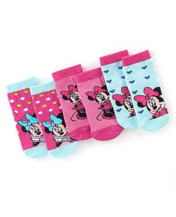 Cute Walk By Babyhug Anti Bacterial Non Terry Ankle Length Minnie Mouse Print Socks Pack Of 3 - Pink & Blue