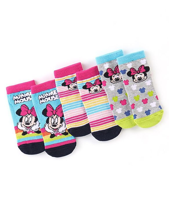 Cute Walk By Babyhug Anti Bacterial Non Terry Ankle Length Minnie Mouse Print Socks Pack Of 3 - Multicolor