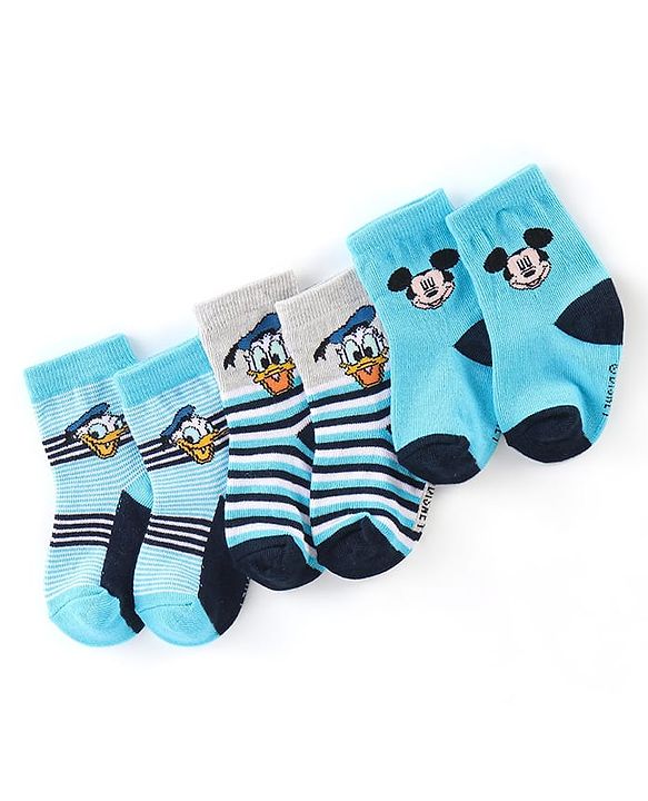 Cute Walk By Babyhug Anti Bacterial Non Terry Ankle Length Donald Duck Print Socks Pack Of 3 - Blue