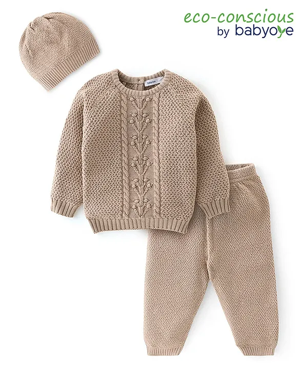 Stay Warm in Style with Babyoye Cable Knit Sweater Set - Beige