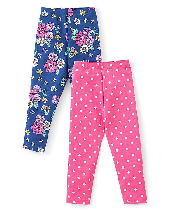 Babyhug Cotton Lycra Knit Full Length Polka Dots & Floral Printed Leggings Pack of 2 - Multicolour