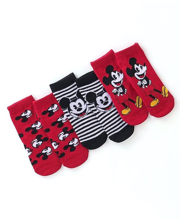 Cute Walk Disney by Babyhug Cotton Knit Ankle Length Anti Bacterial Socks Stripes & Mickey Mouse Design Pack of 3 - Red Black & Grey