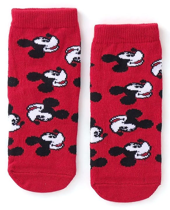 Cute Walk Disney by Babyhug Cotton Knit Ankle Length Anti Bacterial Socks Stripes & Mickey Mouse Design Pack of 3 - Red Black & Grey