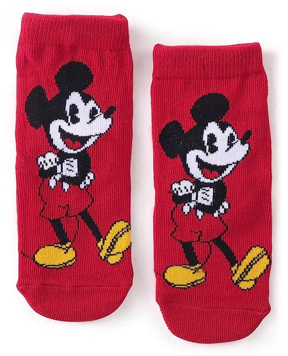Cute Walk Disney by Babyhug Cotton Knit Ankle Length Anti Bacterial Socks Stripes & Mickey Mouse Design Pack of 3 - Red Black & Grey