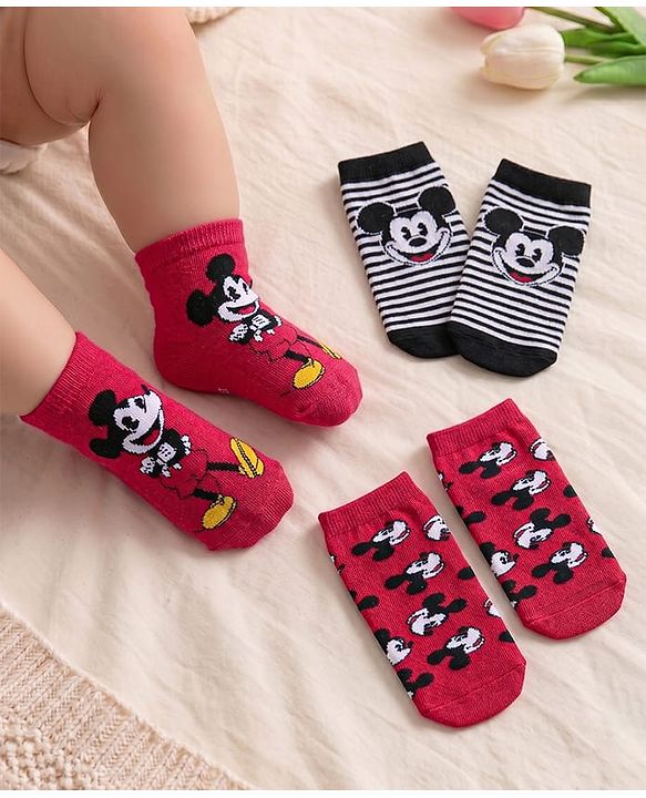 Cute Walk Disney by Babyhug Cotton Knit Ankle Length Anti Bacterial Socks Stripes & Mickey Mouse Design Pack of 3 - Red Black & Grey