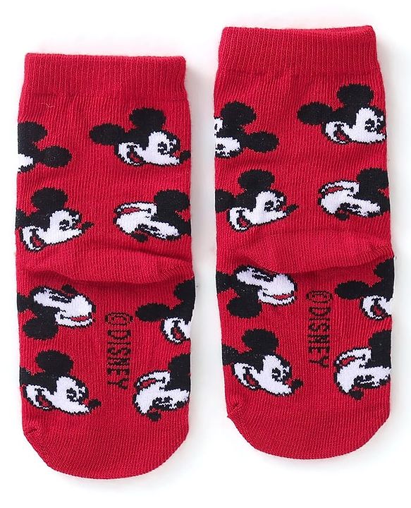 Cute Walk Disney by Babyhug Cotton Knit Ankle Length Anti Bacterial Socks Stripes & Mickey Mouse Design Pack of 3 - Red Black & Grey