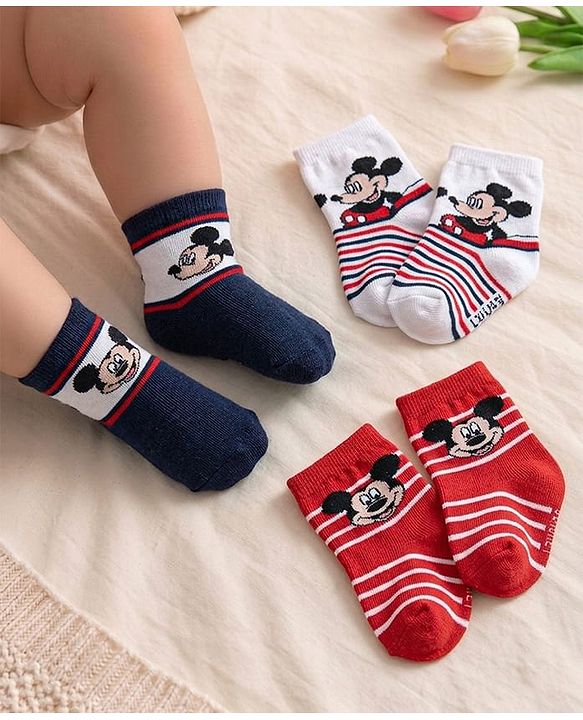 Cute Walk Disney By Babyhug Anti Bacterial Ankle Length Socks Mickey Mouse Design Pack Of 3 - Multicolour