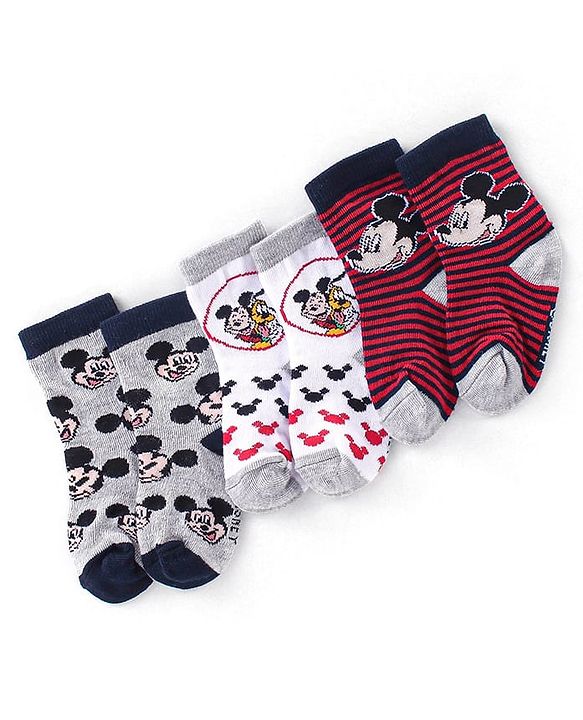 Cute Walk Disney By Babyhug Anti Bacterial Ankle Length Socks Mickey Mouse Design Pack Of 3 - Multicolour