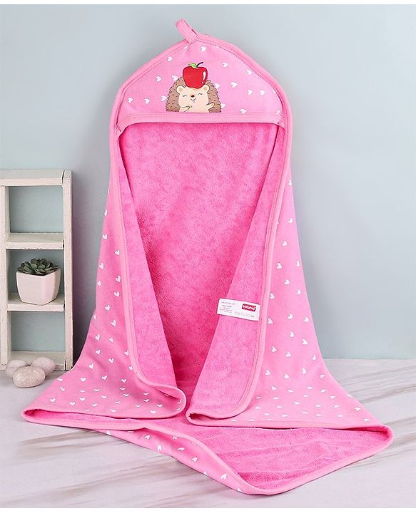 Babyhug Cotton Terry Knit Hedgehog Print Two Layer Towel with Hood L 76 x B 76 cm - Pink